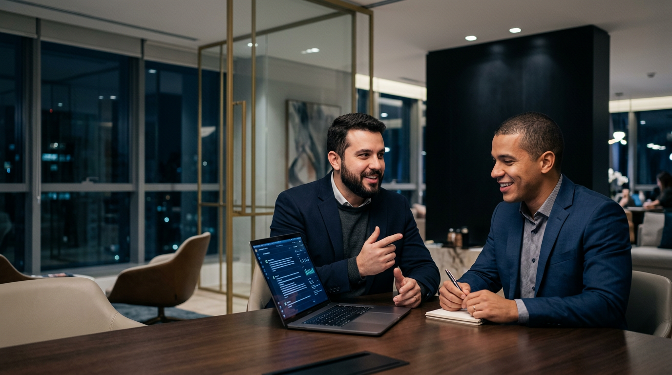 Dois homens sorrindo em uma mesa, um apontando para a tela de um notebook com gráficos e o outro escrevendo em um caderno.