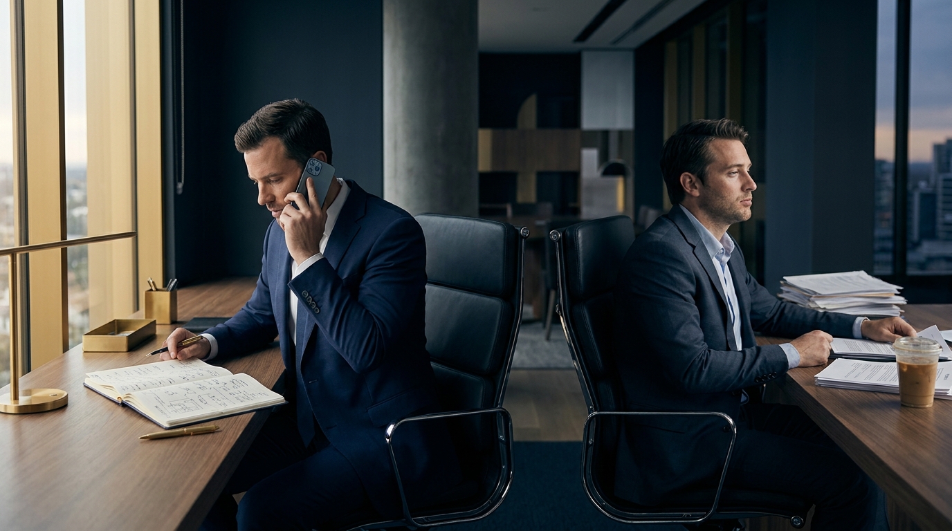 Dois homens de terno sentados de costas um para o outro em escritório corporativo; um fala ao celular e o outro analisa papéi