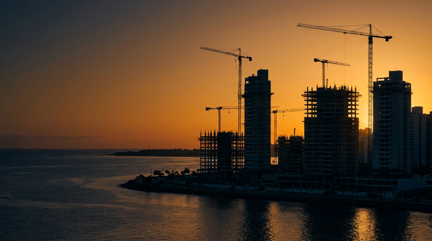 Silhueta de prédios em construção e guindastes na orla marítima durante o pôr do sol alaranjado.