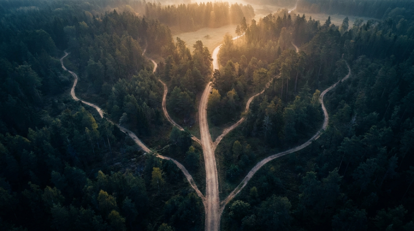 Vista aérea de estrada de terra que se divide em vários caminhos diferentes através de uma floresta densa.